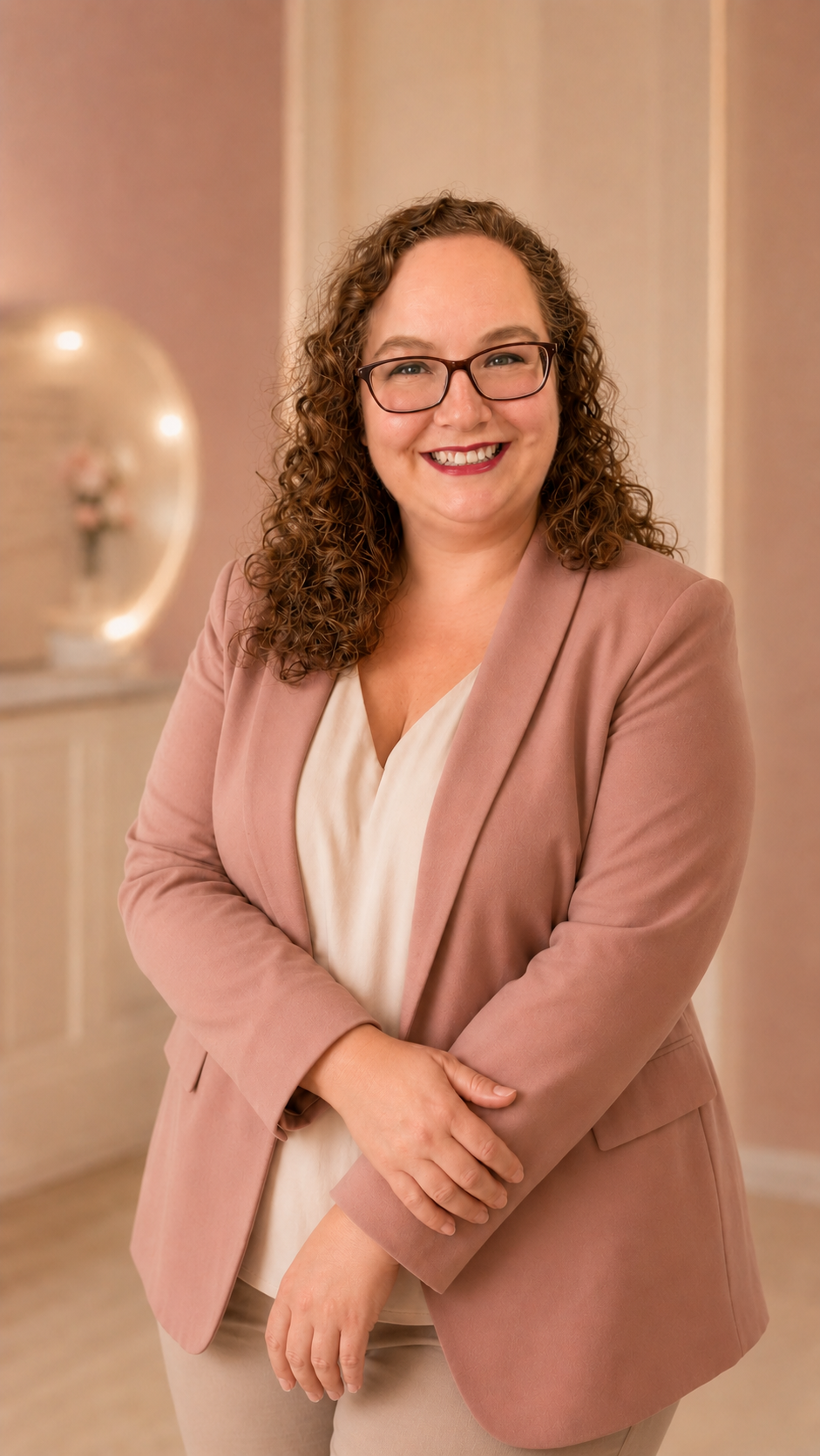Julia Scheurer im roséfarbenen Blazer